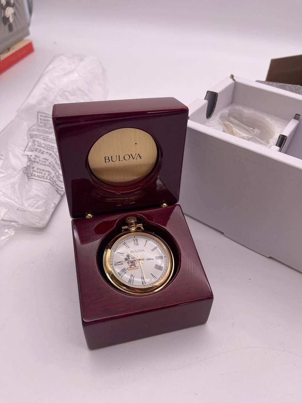 Bulova Disney Mickey Mouse Gold-Tone Pocket Watch with Mahogany Presentation Cas